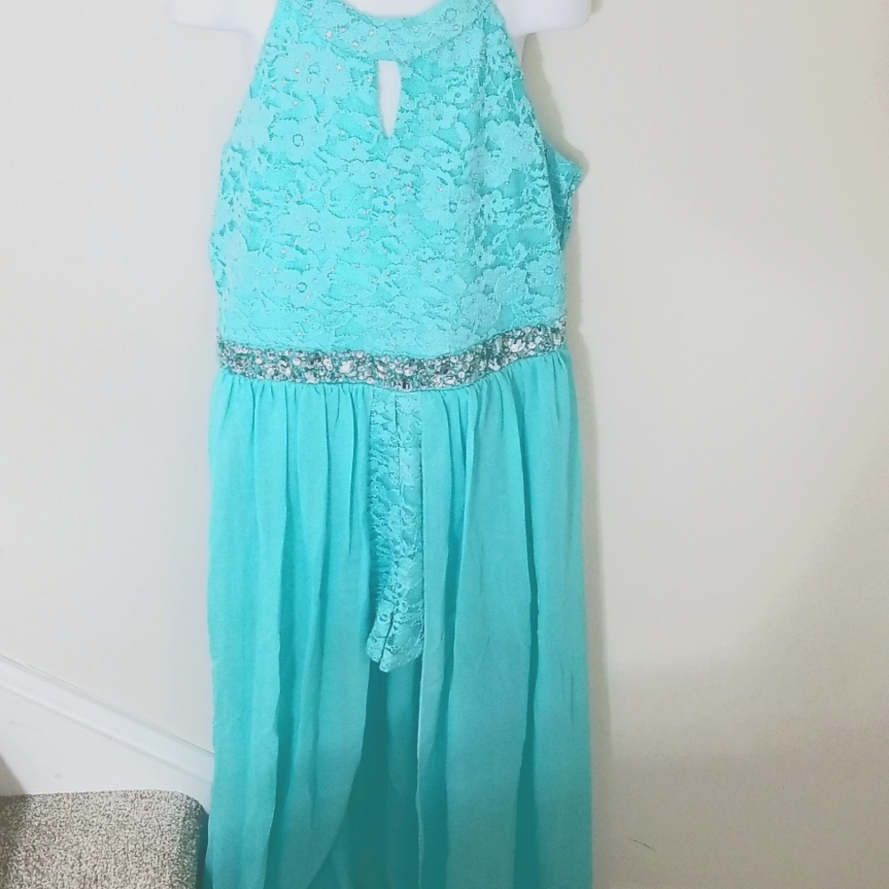 Speechless Aqua Lace Halter Dress with Jeweled Waistband